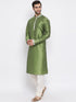 Vastramay Men's Green Floral Jacquard Jacket With Silk Kurta and Pyjama Set